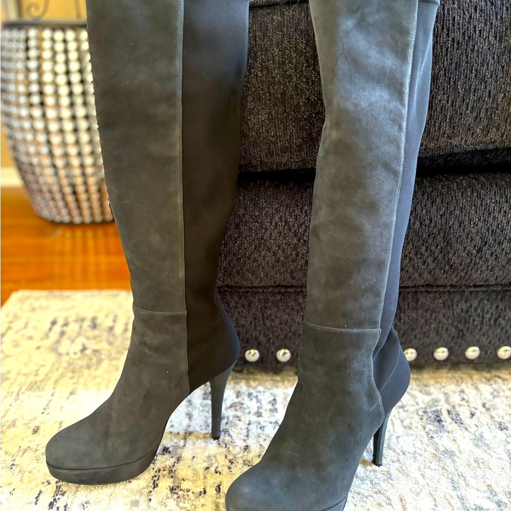 Stuart Weitzman knee high stiletto suede black/gray sock boot 6.5 new REDUCED